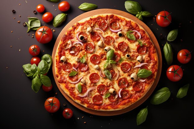 Foto köstliche pizza von oben pizza mit salami, zwiebeln und oliven auf dunklem hintergrund tomaten und basilikum neben großer pizza italienisches essen
