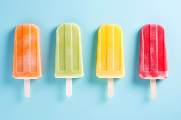 Köstliche Popsicles auf einem Stock Helle Farbe Sommer Stimmung Gelb Grün und Rot liegt auf einem blauen Rücken