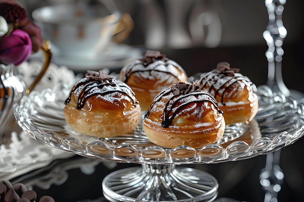 Köstliche Proffeterolen mit Schokolade auf einem Kuchenstand