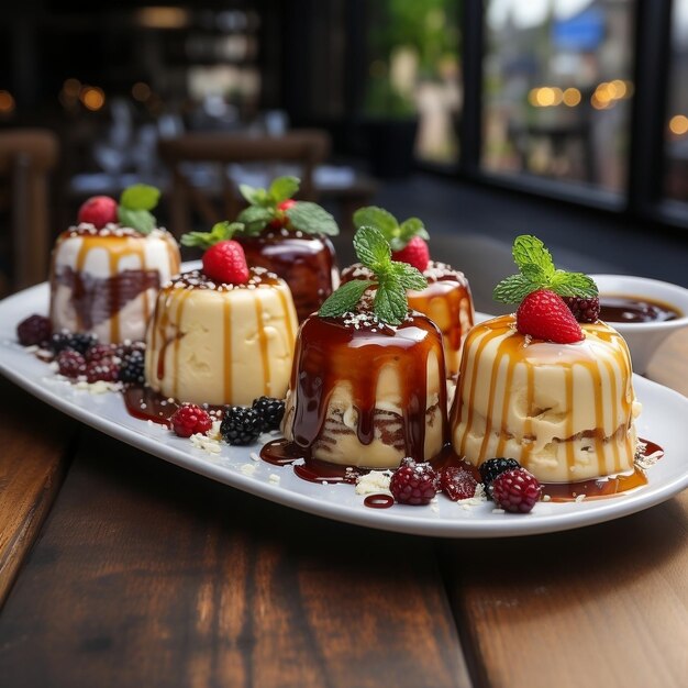 Köstliche Puddings, die auf einem Holzbrett auf einem Tisch im Café serviert werden