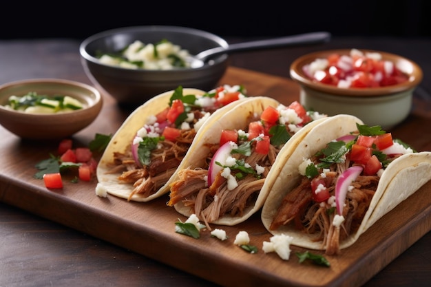Köstliche Pulled-Pork-Tacos mit frischer Salsa als Beilage, kreiert mit generativer KI