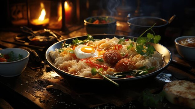 Foto köstliche ramen-nudeln mit ei-topping auf einem verschwommenen hintergrund