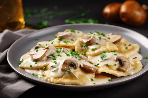 Köstliche Ravioli mit Pilzen, die auf einem grauen Tisch aus der Nähe serviert werden