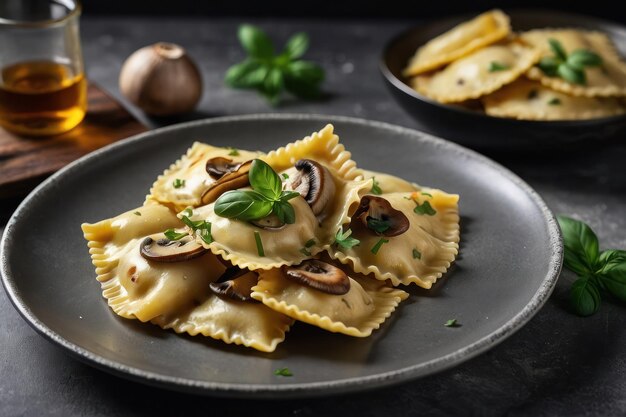 Köstliche Ravioli mit Pilzen, die auf einem grauen Tisch aus der Nähe serviert werden