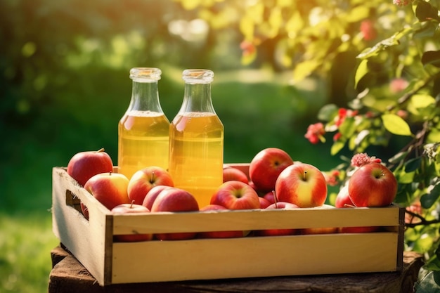 Köstliche reife Äpfel und ein Glas Saft auf Apfelgarten-Hintergrund im Sommer Generative KI