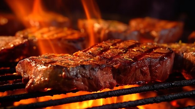 Köstliche Rindfleischsteaks auf dem Grill mit Flammen in der Nähe