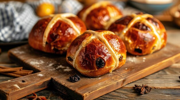 köstliche Rosinen-Hot-Cross-Kuchen auf Holzbrett