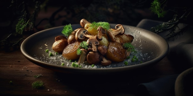 Köstliche rustikale Kartoffeln und Pilze auf Studio-Hintergrund, frische Lebensmittel auf dunklem Teller, professionell