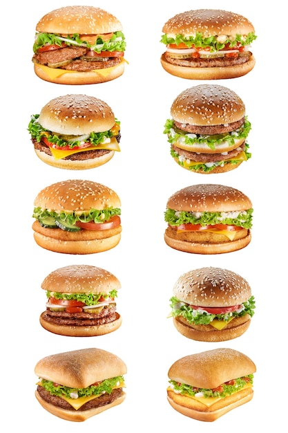 Köstliche saftige Hamburger-Set isoliert auf weißem Hintergrund. Fastfood.