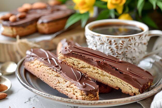Köstliche Schokolade eingetauchte Biscotti auf einem Teller mit frisch gebrautem Kaffee und gelben Blumen in der