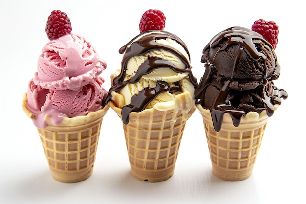 köstliche Schokolade, Vanille- und Himbeer-Eiskegeln mit Toppings, Gourmet-Sommer-Dessert