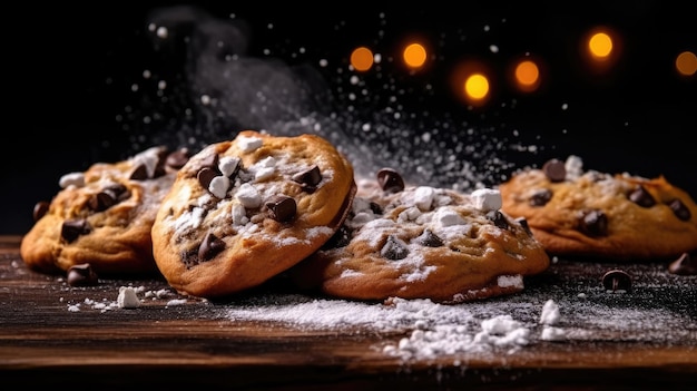 Köstliche Schokoladenkekse mit bestreutem Zucker auf schwarzem Hintergrund