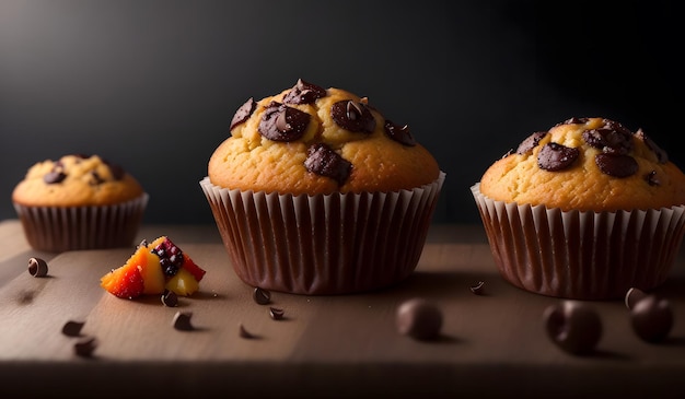 Köstliche Schokoladenstückchen-Muffins im Hintergrund. Generative KI