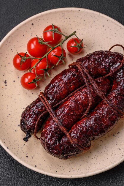 Köstliche schwarze Blutwurst oder schwarzer Pudding mit Gewürzen und Kräutern