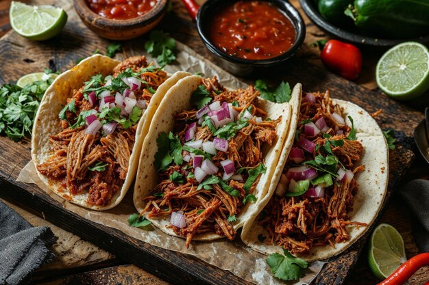 Köstliche Schweinefleisch-Tacos auf einem rustikalen Holztisch