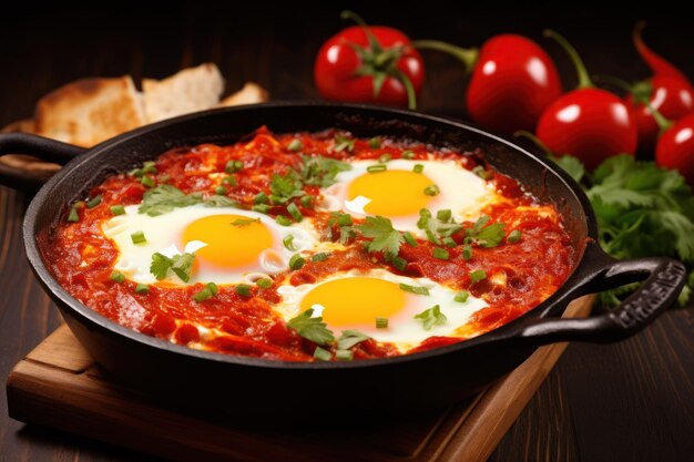 Köstliche Shakshuka in der Bratpfanne und Produkte auf dem Holztisch