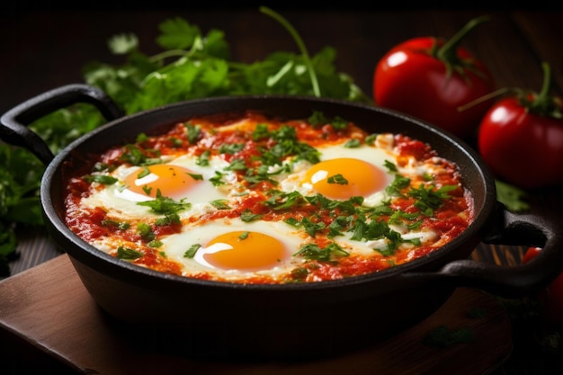 Köstliche Shakshuka mit Tomaten im Stift mit Grünzeug, Nahaufnahme, Studioaufnahme, hausgemachtes Kochkonzept