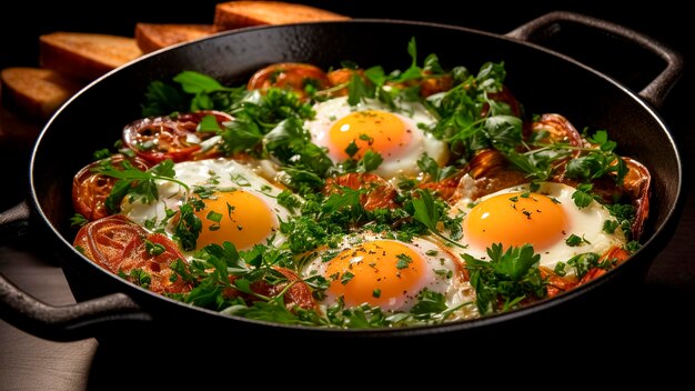 Foto köstliche shakshuka traditionelles gericht aus dem nahen osten, gebackenen eiern in würziger tomatensauce, küche a