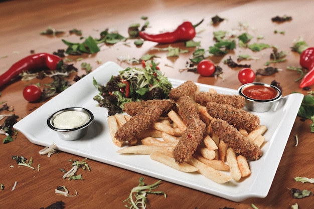 Köstliche Snackplatte Pommes Frites Zwiebelringe Frühlingsrollen oder Würstchen auf dem Tisch