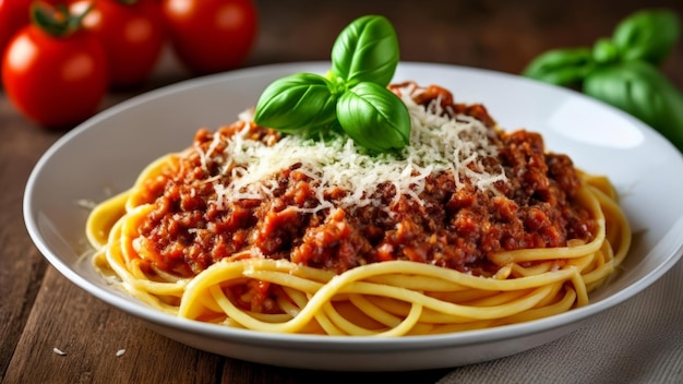 köstliche Spaghetti Bolognese mit frischem Basilikum und geriebenem Parmesan-Käse