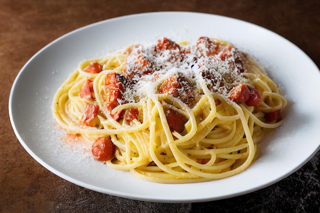 Köstliche Spaghetti Carbonara, großzügig mit geriebenem Käse in der Platte auf dem Tisch bestreut