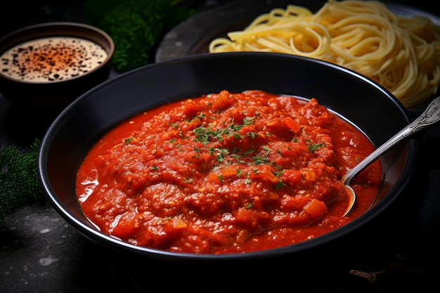 Köstliche Spaghetti gepaart mit reichhaltiger Tomatensauce, wunderschön serviert in einem rustikalen Ambiente