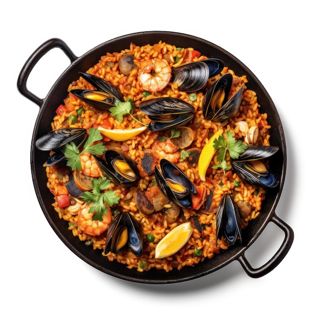 Köstliche spanische Paella mit Meeresfrüchten auf einem Teller