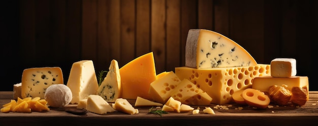 Köstliche Stücke verschiedener Arten von Luxus-Käse-Panorama-Käse-Tapete Generative Ai