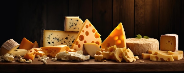 Köstliche Stücke verschiedener Arten von Luxus-Käse-Panorama-Käse-Tapete Generative Ai