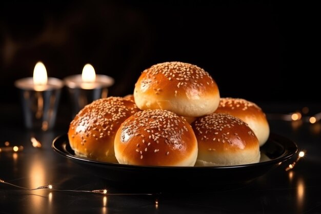 Foto köstliche süßbrötchen in einer schüssel und dekoration auf dem tisch vor schwarzem hintergrund mit verschwommenen lichtern