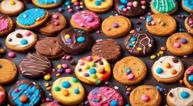 köstliche Süßigkeiten auf abstraktem Hintergrund Süßigkeiten Schokolade Donuts süße farbige Kekse