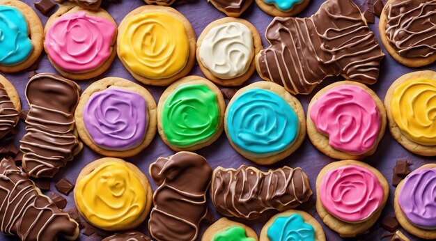 köstliche Süßigkeiten auf abstraktem Hintergrund Süßigkeiten Schokolade Donuts süße farbige Kekse