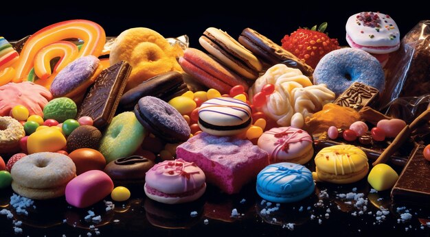 köstliche Süßigkeiten auf einem abstrakten Hintergrund farbige Schokolade und Süßigkeiten am Tisch farbige Süßigkeiten