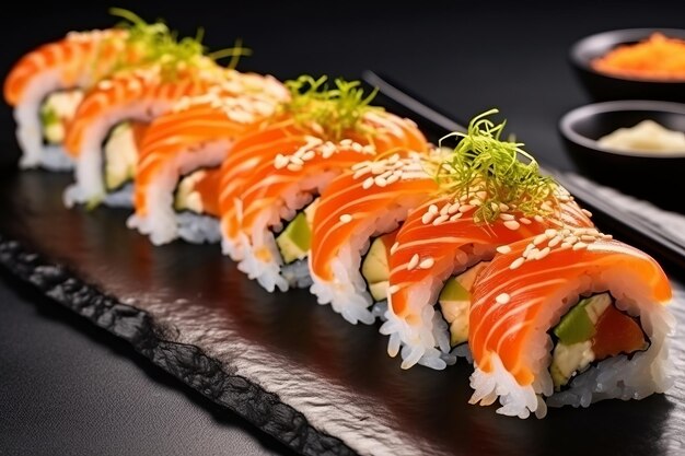 Köstliche Sushi-Rollen auf schwarzem Tisch japanisches Essen