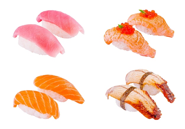Köstliche Sushi-Stücke schwimmen auf weißem Hintergrund