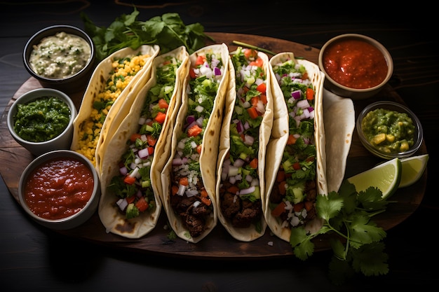Köstliche Tacos auf einem Holztisch, jeweils gefüllt mit gegrilltem Fleisch und Salsa mit Kopierraum