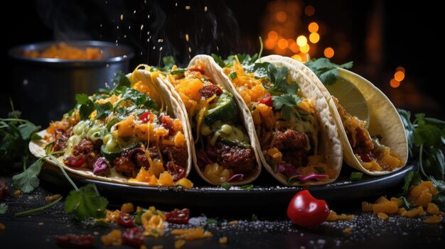 Köstliche Tacos gefüllt mit Gemüse und Fleisch auf einem Teller mit verschwommenem Hintergrund