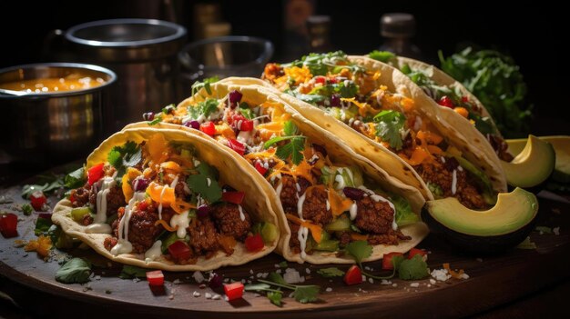 Köstliche Tacos gefüllt mit Gemüse und Fleisch auf einem Teller mit verschwommenem Hintergrund