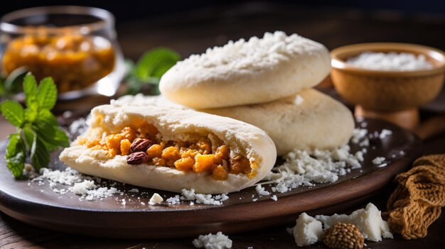 Köstliche Tapioca ein brasilianischer Snack, der aus Kassava-Mehl und Garnelenmaniok auf einem Teller hergestellt wird.