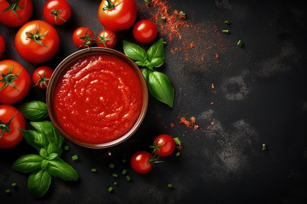 Köstliche Tomatensauce aus frischen reifen Tomaten und Basilikum, präsentiert auf einem Stein- oder Schieferhintergrund