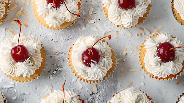 Köstliche Vanille-Cupcakes mit Kirschen oben Perfekt für Dessert Süßigkeiten für Partys und Feiern, gefasst von oben KI