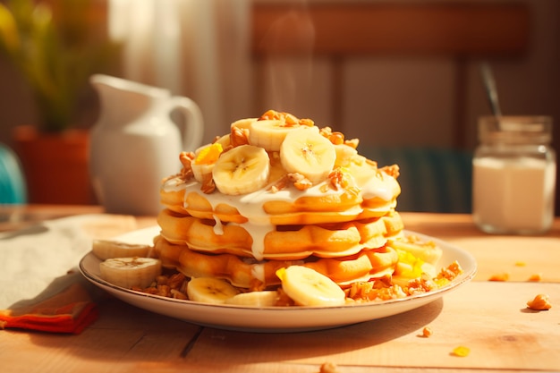 Köstliche Waffeln mit Bananen auf einem Holztisch Süßes Frühstück KI-generiert