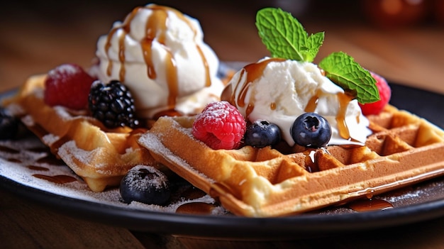 Köstliche Waffeln mit Eis, frischen Beeren und einer braunen Holzkulisse GENERATE AI