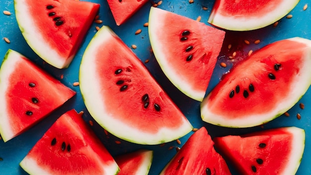 Köstliche Wassermelonen-Schnitte auf blauem Hintergrund von oben