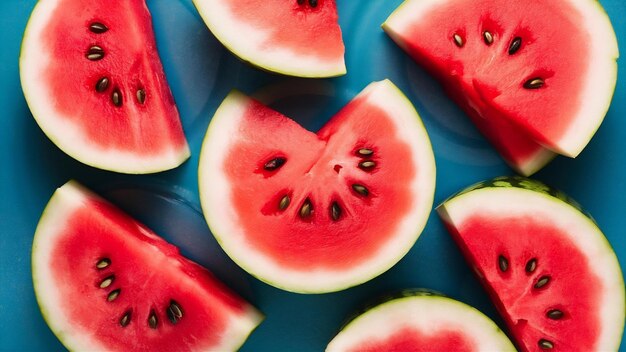 Köstliche Wassermelonen-Schnitte auf blauem Hintergrund von oben