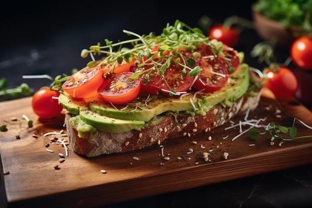 Foto köstlicher avocado-toast mit tomatensamen auf einem stilvollen brett