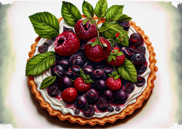 Köstlicher Beeren-Dessertkuchen-Aquarell