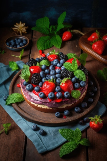 Köstlicher Blick auf gebackenen und dekorierten Erdbeerkuchen von oben in einer Küche bei Tageslicht