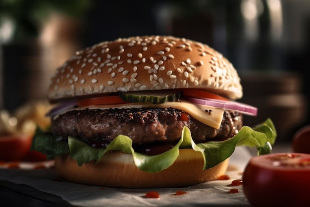 Köstlicher Burger auf dem Tisch, erstellt mit generativer KI