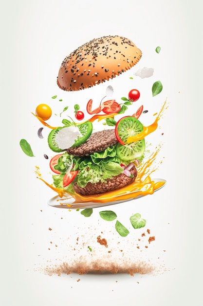 köstlicher Burger mit den Zutaten Fleisch, Zwiebeln, Tomatensalat und Käse, erstellt mit generativer KI-Technologie